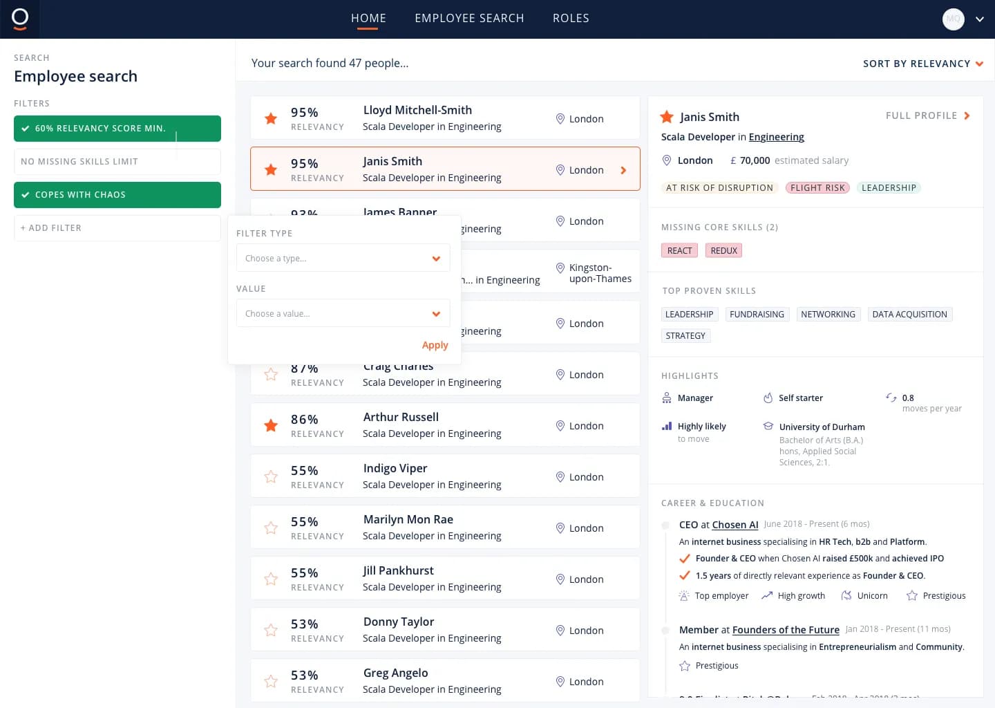 Chosen AI employee search screen