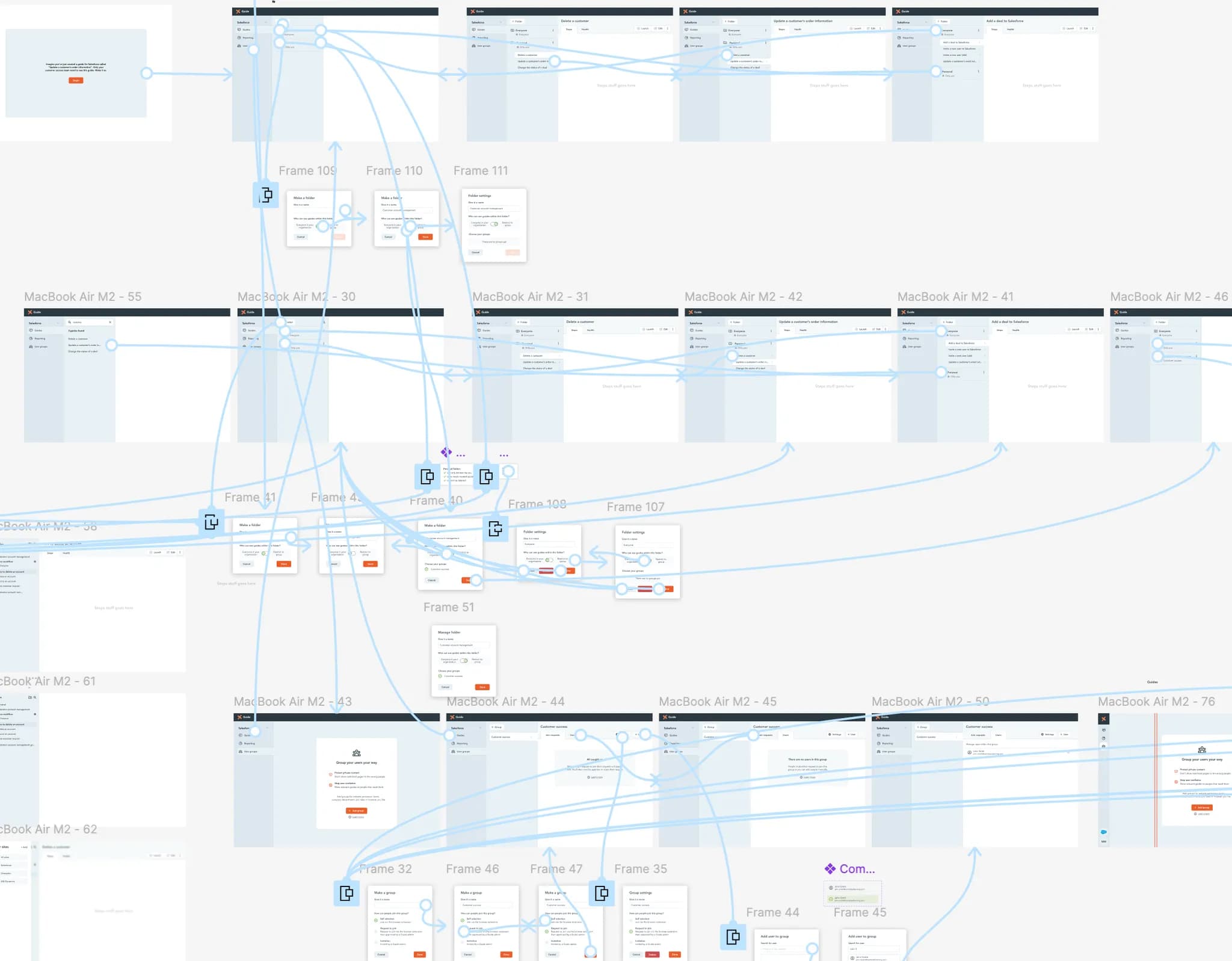 Collection of Figma prototype screens showing the design iteration process