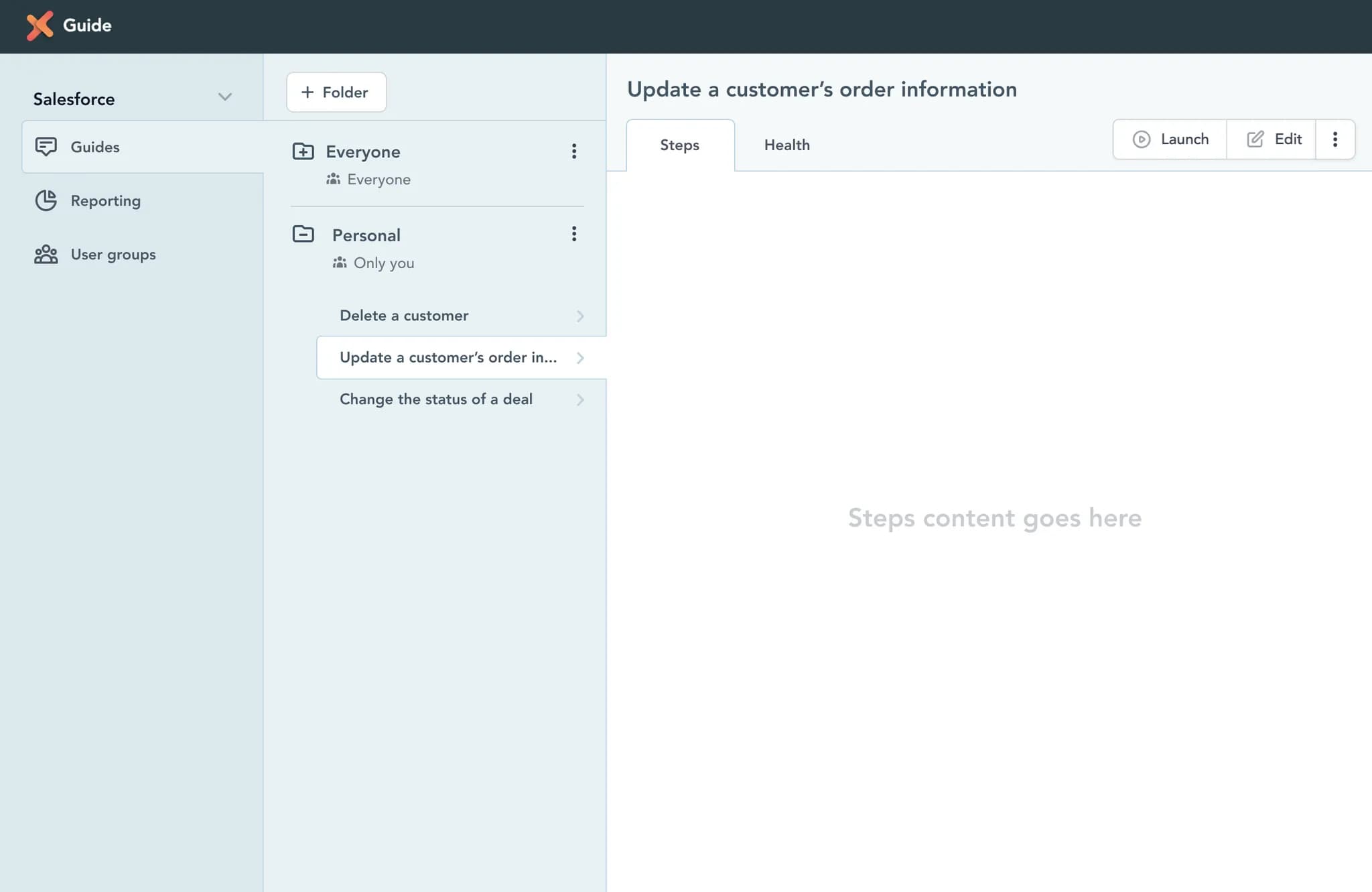 Early prototype of the guide list interface showing organizational structure